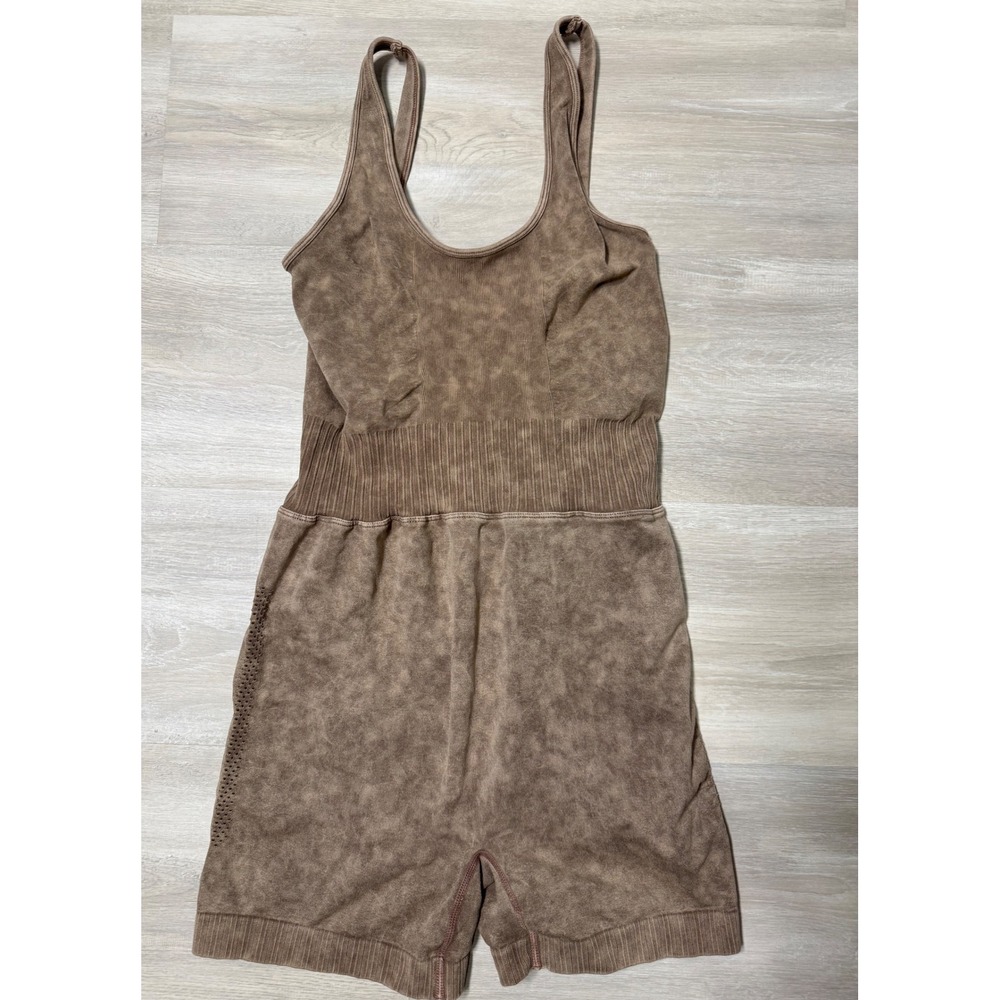 Zenana Brown Mineral Wash Seamless Romper Criss Cross Back Biker Short L/XL